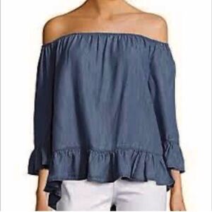 Sanctuary Julia Top Off the Shoulder Chambray Ruffle Blue M Boho Peasant Chic